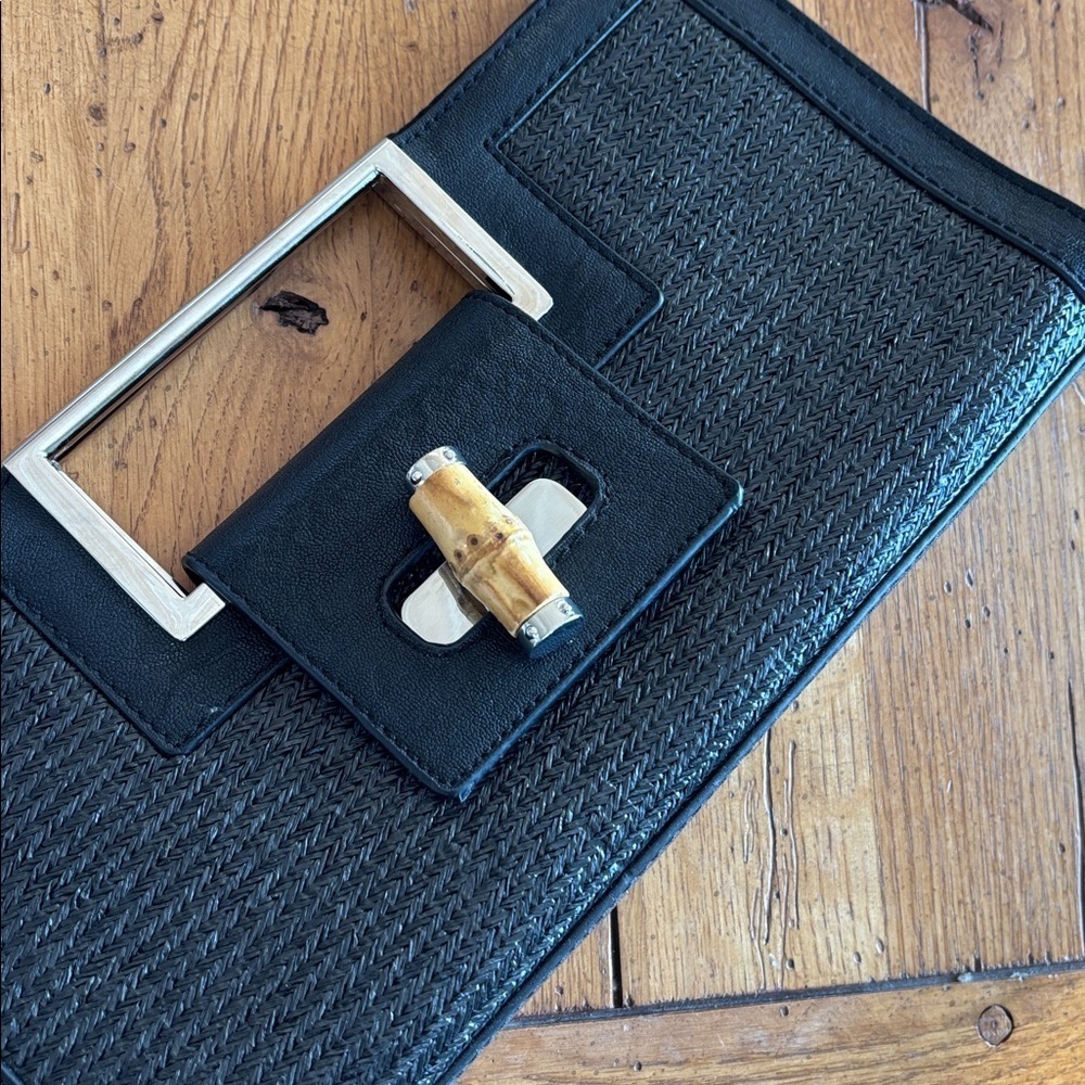 The Limited Black Leather and Woven Clutch Silver Tone Handle Toggle Close Bag - Picture 11 of 11